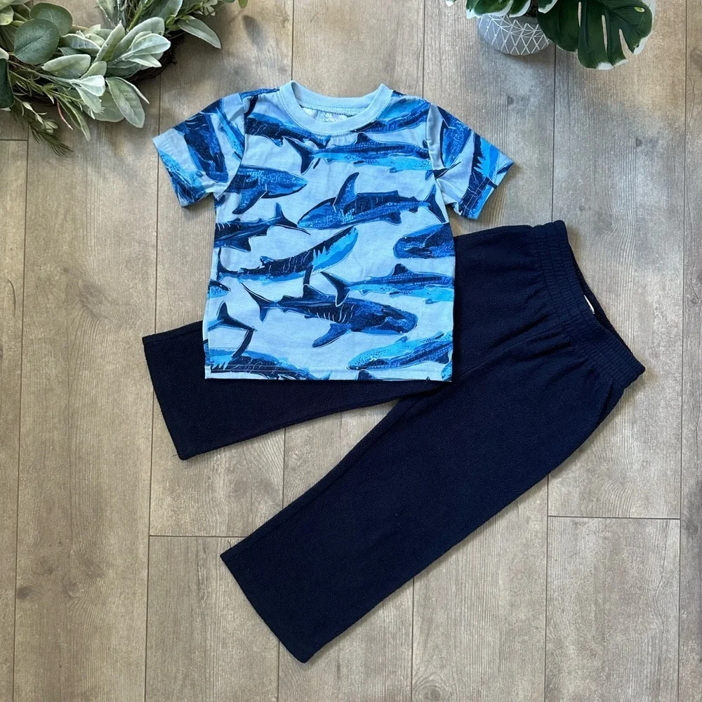 Toddler Boy Clothes Outfit Blue Shark T-Shirt + Fleece Pants Set Carters & Place